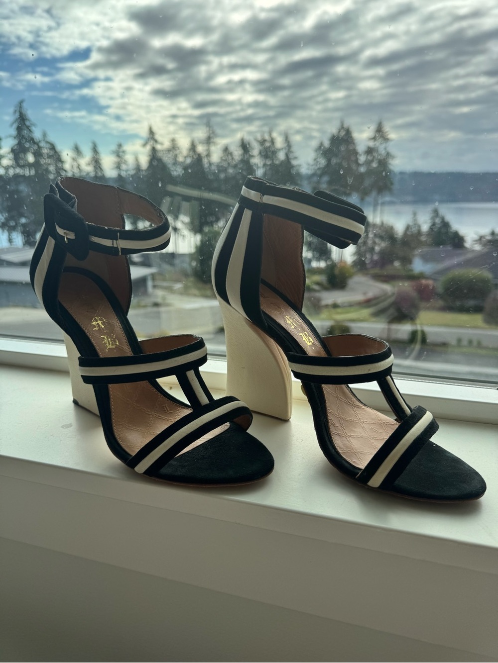 L.A.M.B. Black and Cream Strappy Block Heel Sandals